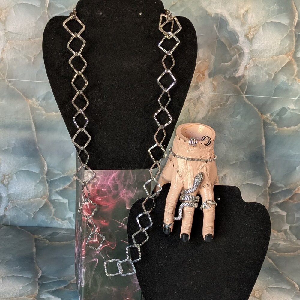 Fashion Jewelry Set: Necklace, 2 Rings, Bracelet, and 2 Ear Cuffs
